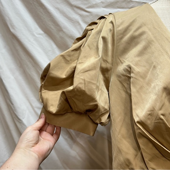 ASOS Structured Drape Wrap Mini Puff Sleeve Tan Dress Size 14 - Picture 7 of 13